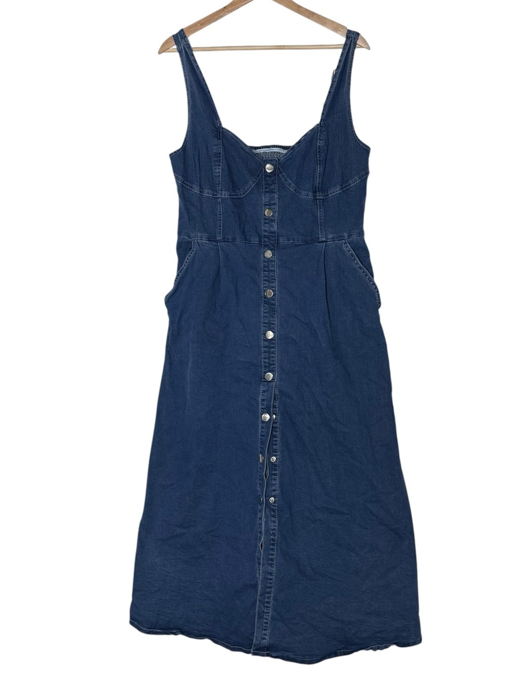 Denim Corset Fit & Flare Midi Dress Size XL Snap Button Dark Blue Pockets Casual